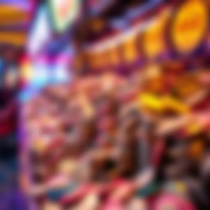 Colorful Coins Cascading in a Coin Pusher An array of colorful coins cascading over the edge of a coin pusher