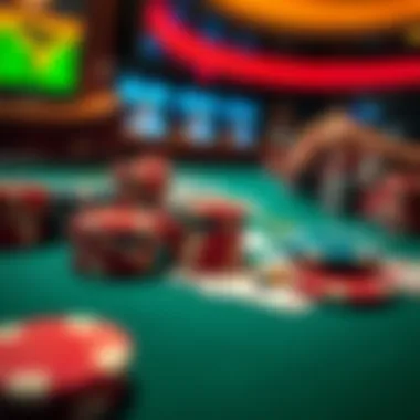 Close-up of poker chips and cards on a table