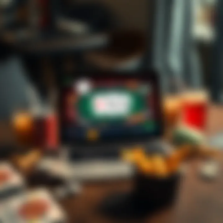 Poker App with Snacks A laptop with poker app open, surrounded by snacks and drinks