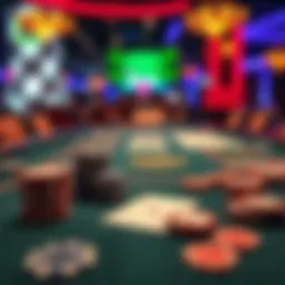 A close-up view of a Texas Hold'em poker table with chips and cards