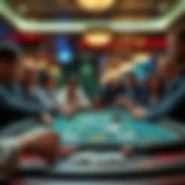 High-Stakes Poker Action A high-stakes poker table with focused players in an upscale setting