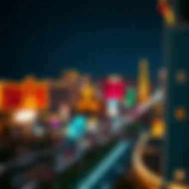 Panoramic View of Las Vegas Strip A panoramic view of Las Vegas Strip at night, showcasing vibrant lights and energy.