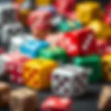 An array of colorful dice showcasing various designs and numbers.