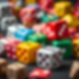 An array of colorful dice showcasing various designs and numbers.