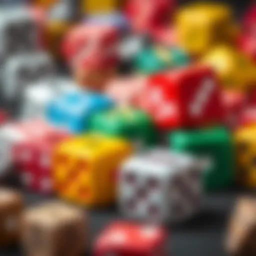Diverse Designs of Gaming Dice An array of colorful dice showcasing various designs and numbers.