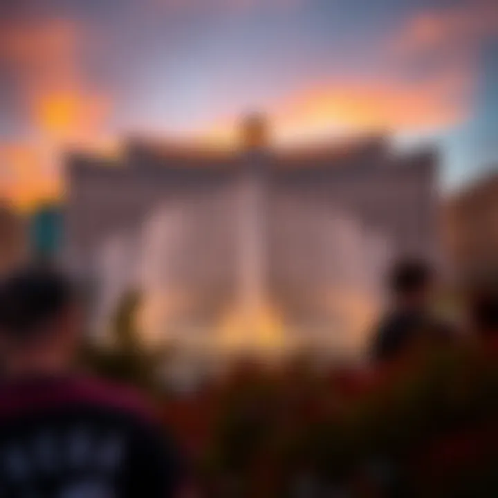Sunset over the Bellagio Fountains, emphasizing the water display against a backdrop of colorful skies