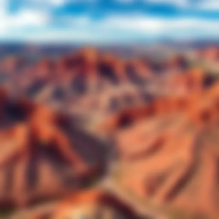 Aerial shot of the Red Rock Canyon, highlighting its stunning natural formations and contrasting colors
