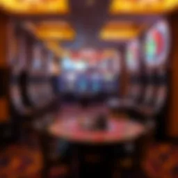 A deserted casino floor showcasing empty slot machines and tables