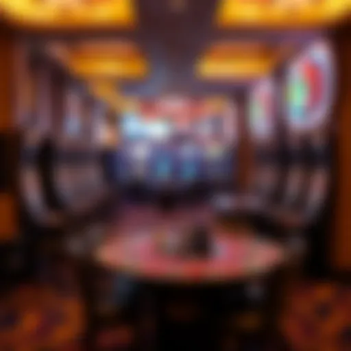 A deserted casino floor showcasing empty slot machines and tables