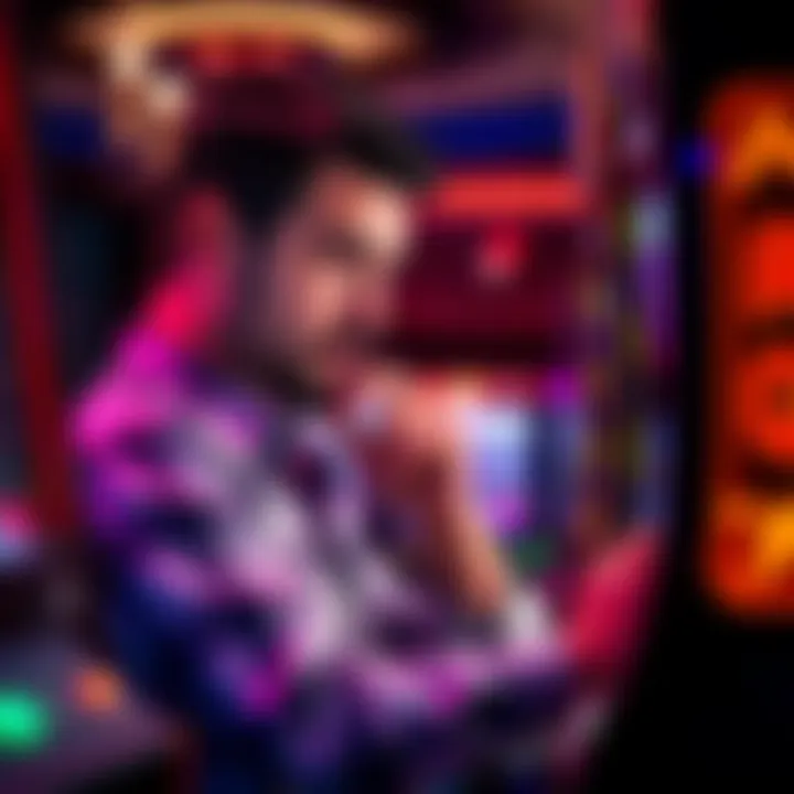 A thoughtful player analyzing strategies while engaging with a slot machine, highlighting player psychology.