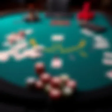 An intricate layout of a blackjack table with cards and chips